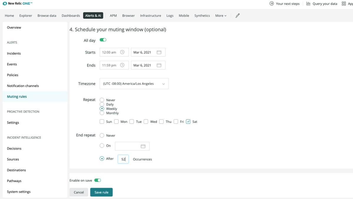 New Relic Produkt-Screenshot für Muting Schedules