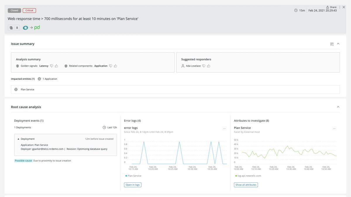New Relic Produkt-Screenshot für Fehlerursachenanalyse
