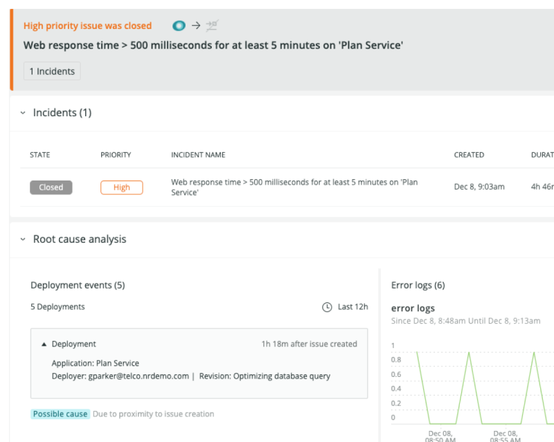 root cause analysis with deployment events, error logs and highlights possible cause.