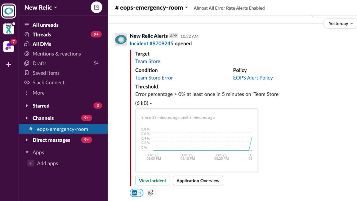 New Relic product screen capture slack integration