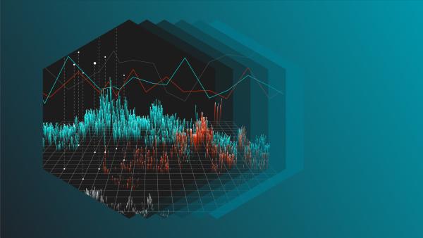 Image of chart with 3D peaks and valleys, inside a hexagon