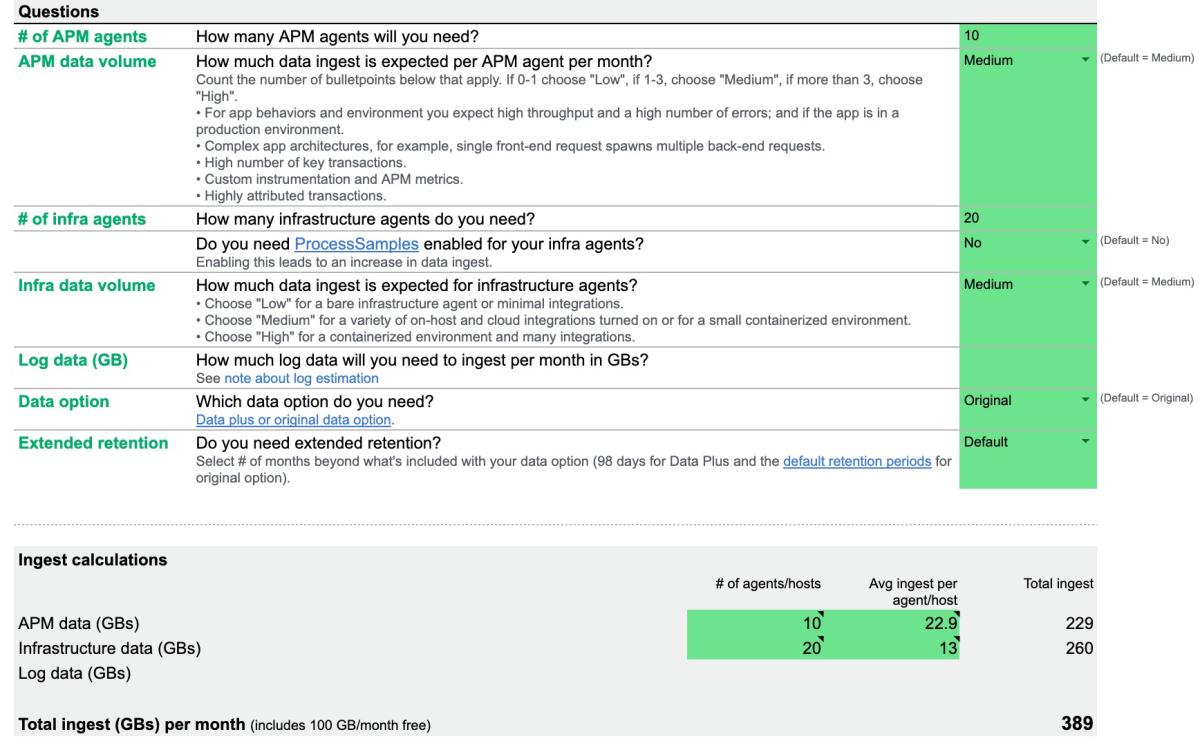 Screenshot of the New Relic data cost estimator spreadsheet