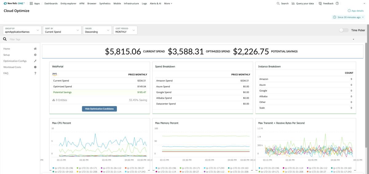 Cloud Optimize app detailing current, optimized, and potential savings for cloud infrastructure.