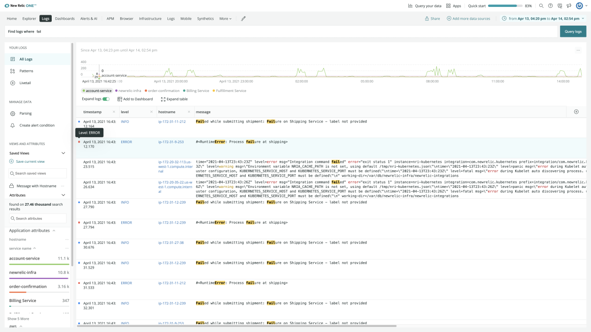 New Relic Logs screen