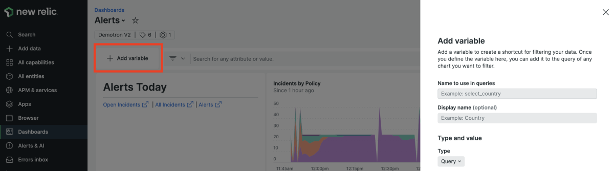 Screenshot of Add a variable option for dashboard template variables