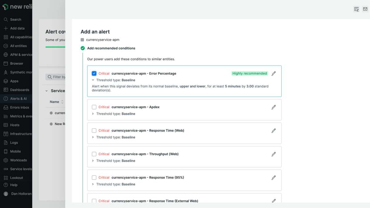 New Relic alerts product capability screen capture 