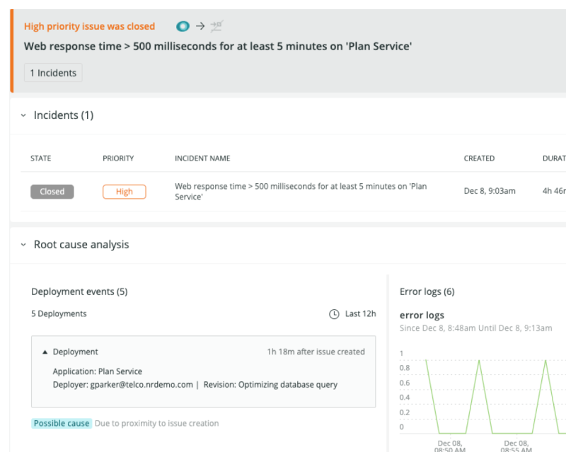 root cause analysis with deployment events, error logs and highlights possible cause. 