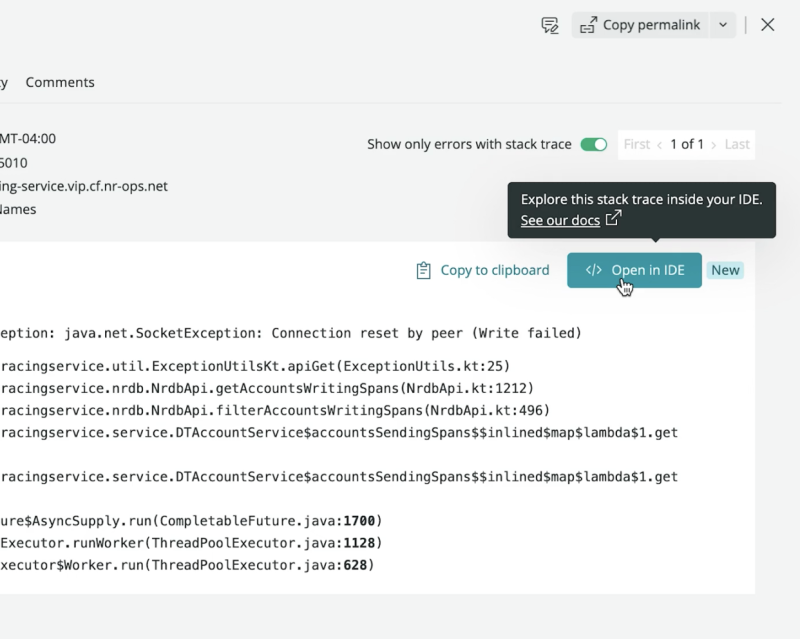 Screen shows user about to explore the stack trace inside their IDE by clicking the “Open in IDE” button.