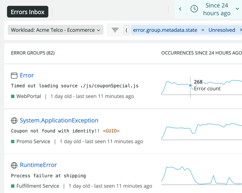 Screen shows 82 error groups with occurrences over 24 hours with exact errors the count, where they occurred, and when.