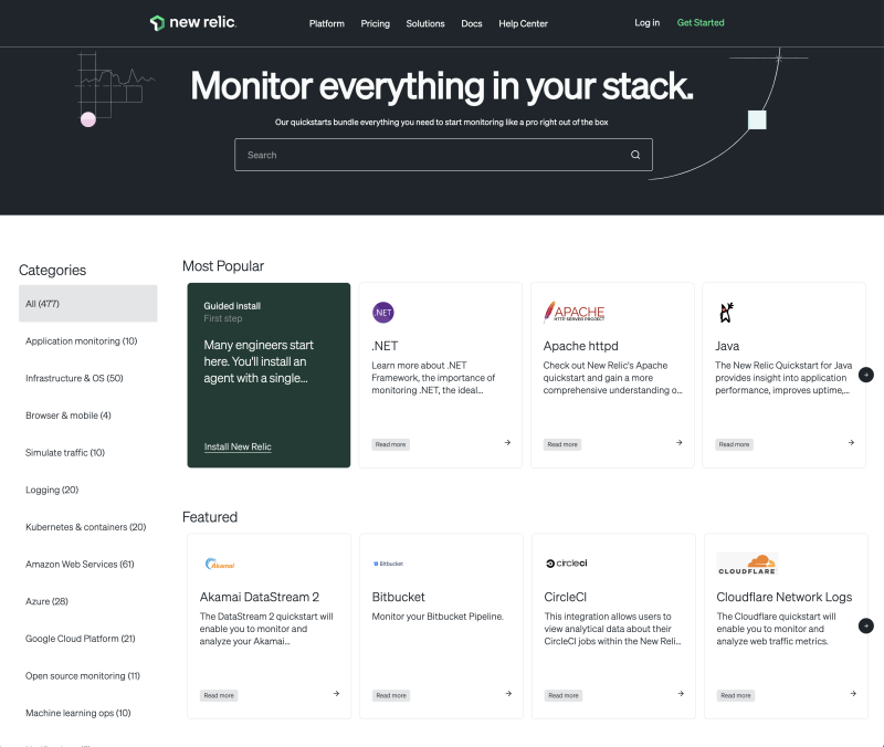 Page showing some of the instant observability options provided by New Relic