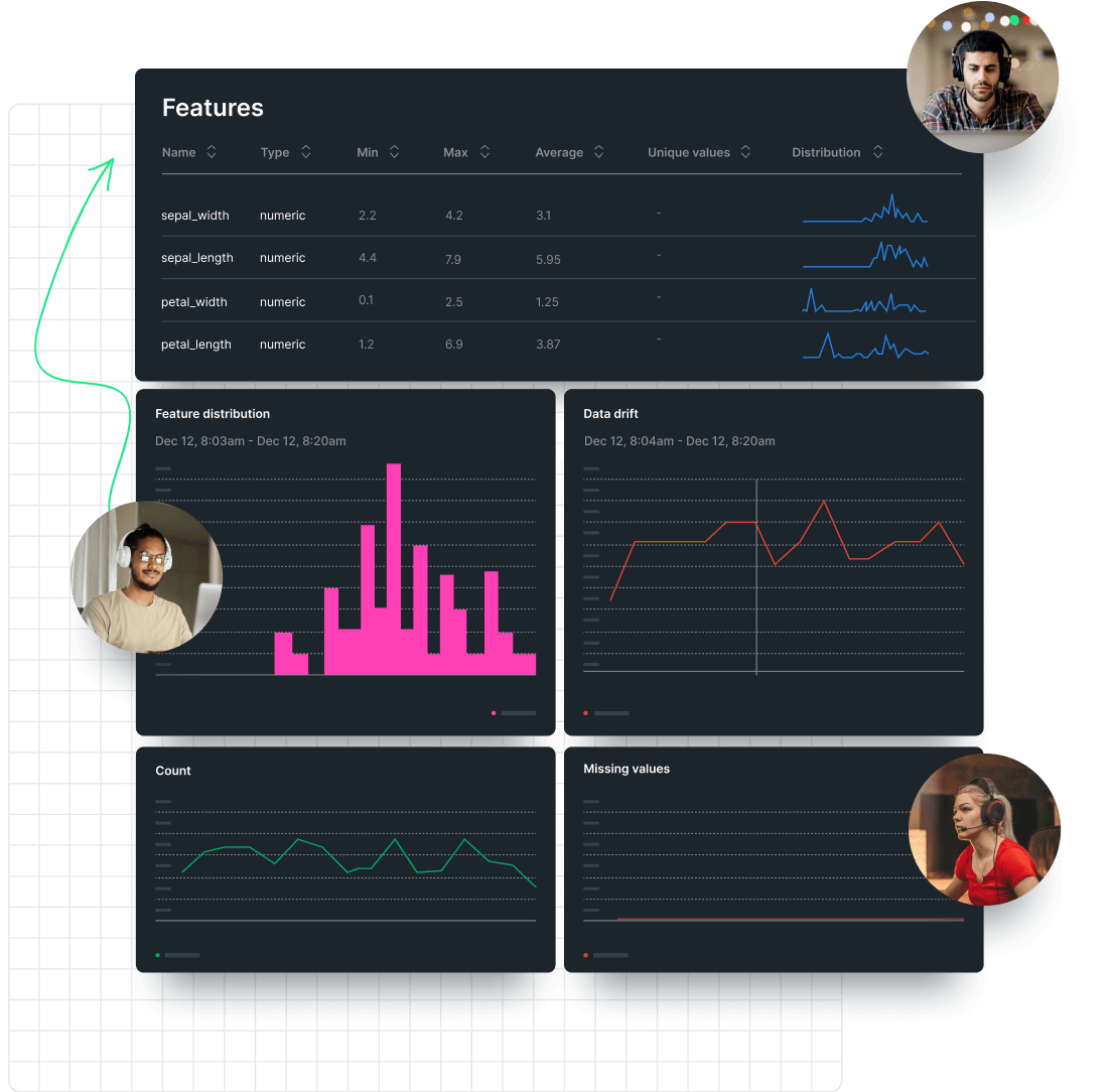 List of ML features with metrics and charts of feature distribution, data drift, count, and missing values. 