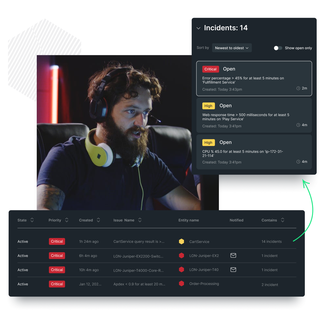 Layered graphics showing a person and dashboard data