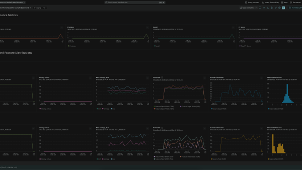 Screenshot of a New Relic dashboard showing model performance metrics, data metrics, and feature distributions.