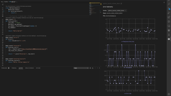 Capture d'écran des métriques au niveau du code et des dashboards intégrés dans un IDE avec New Relic Codestream