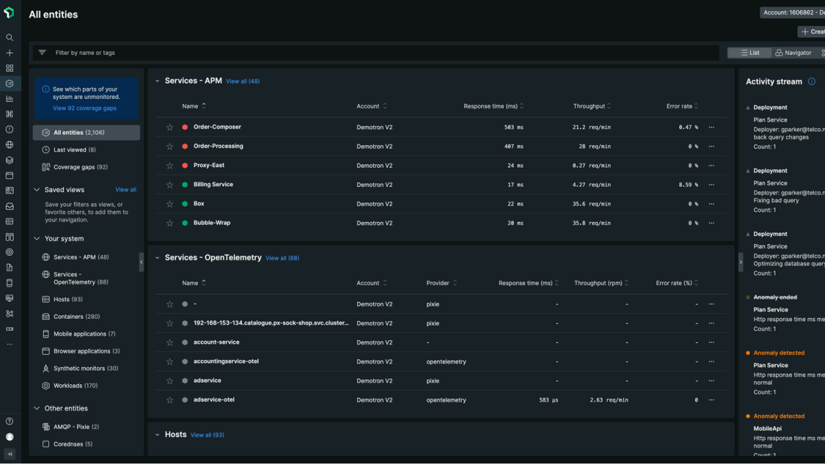 New Relic explorer product capability screen capture 