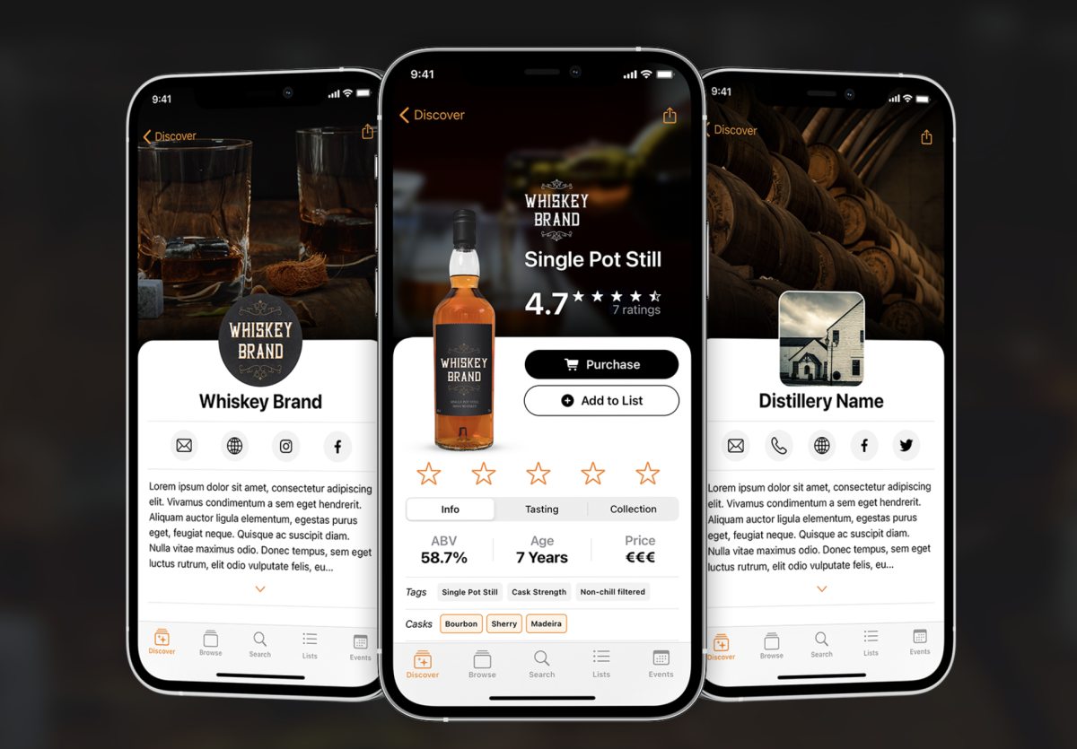 Three screenshots of the Irish Distillers app