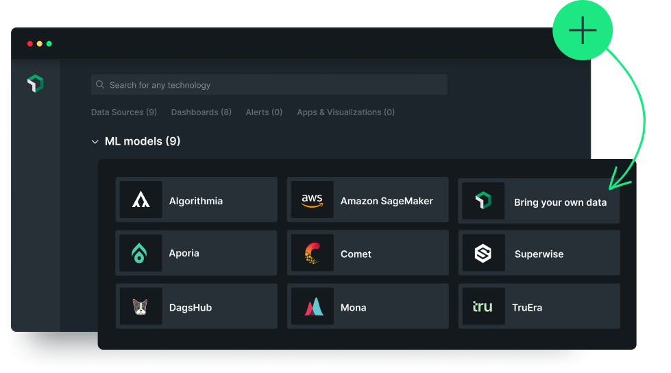 Logos for 8 ML environments, plus New Relic, each linking to an integration