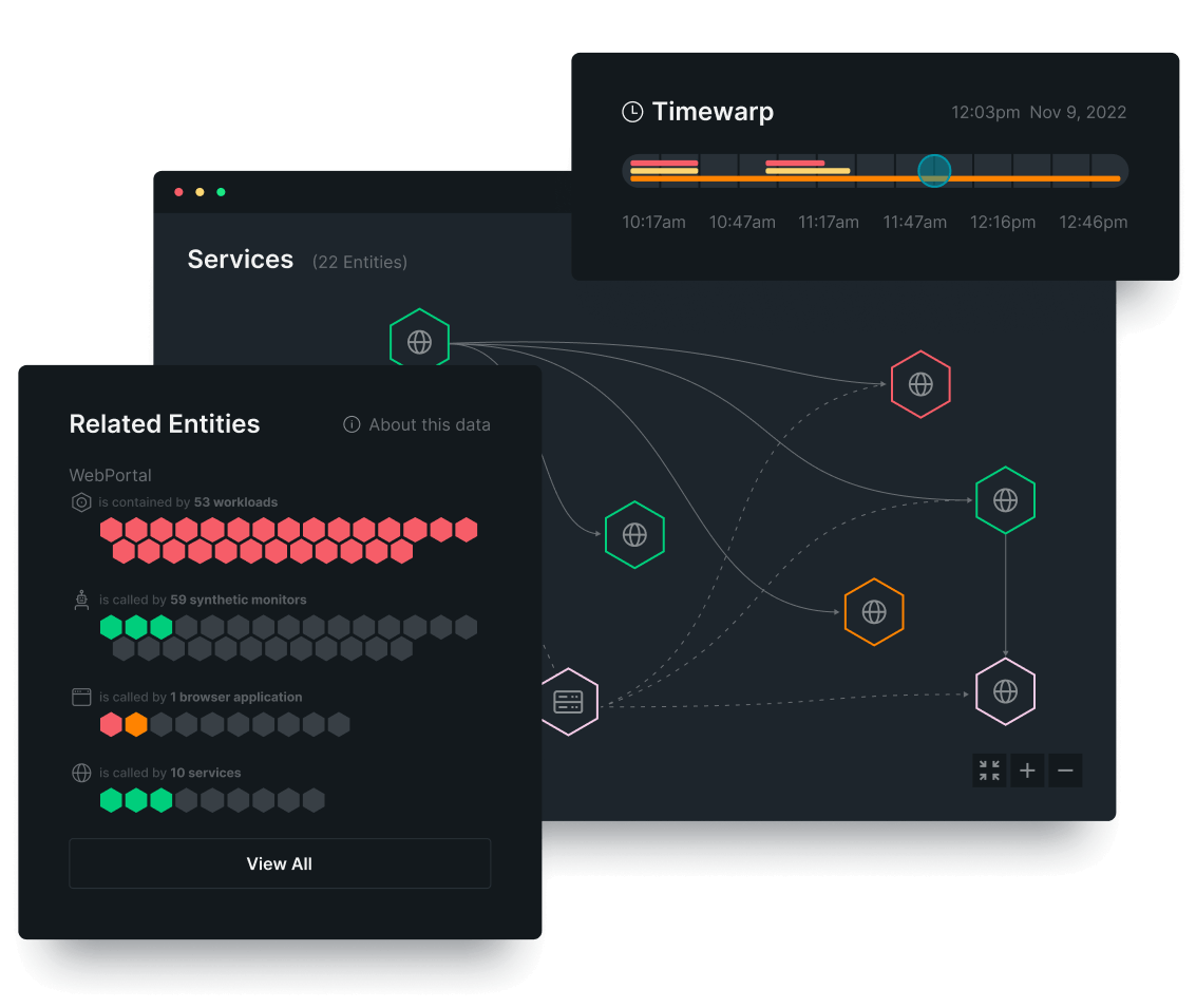 View everything from backend APIs to frontend user devices and dependencies with automap and logs in context.