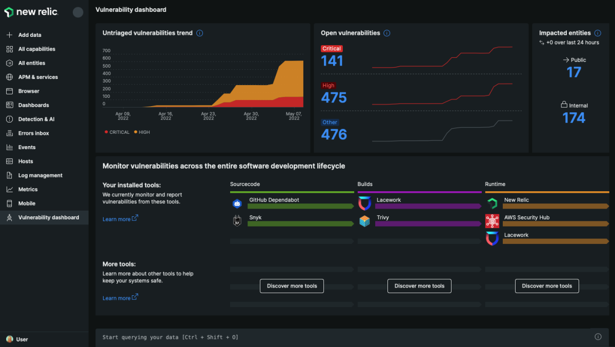 Screenshot of vulnerability dashboard in New Relic