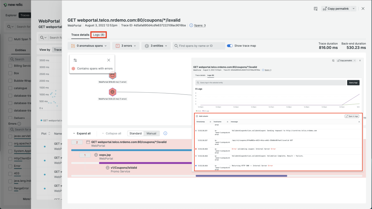 Logs filtered to show errors in context of trace in the New Relic observability platform